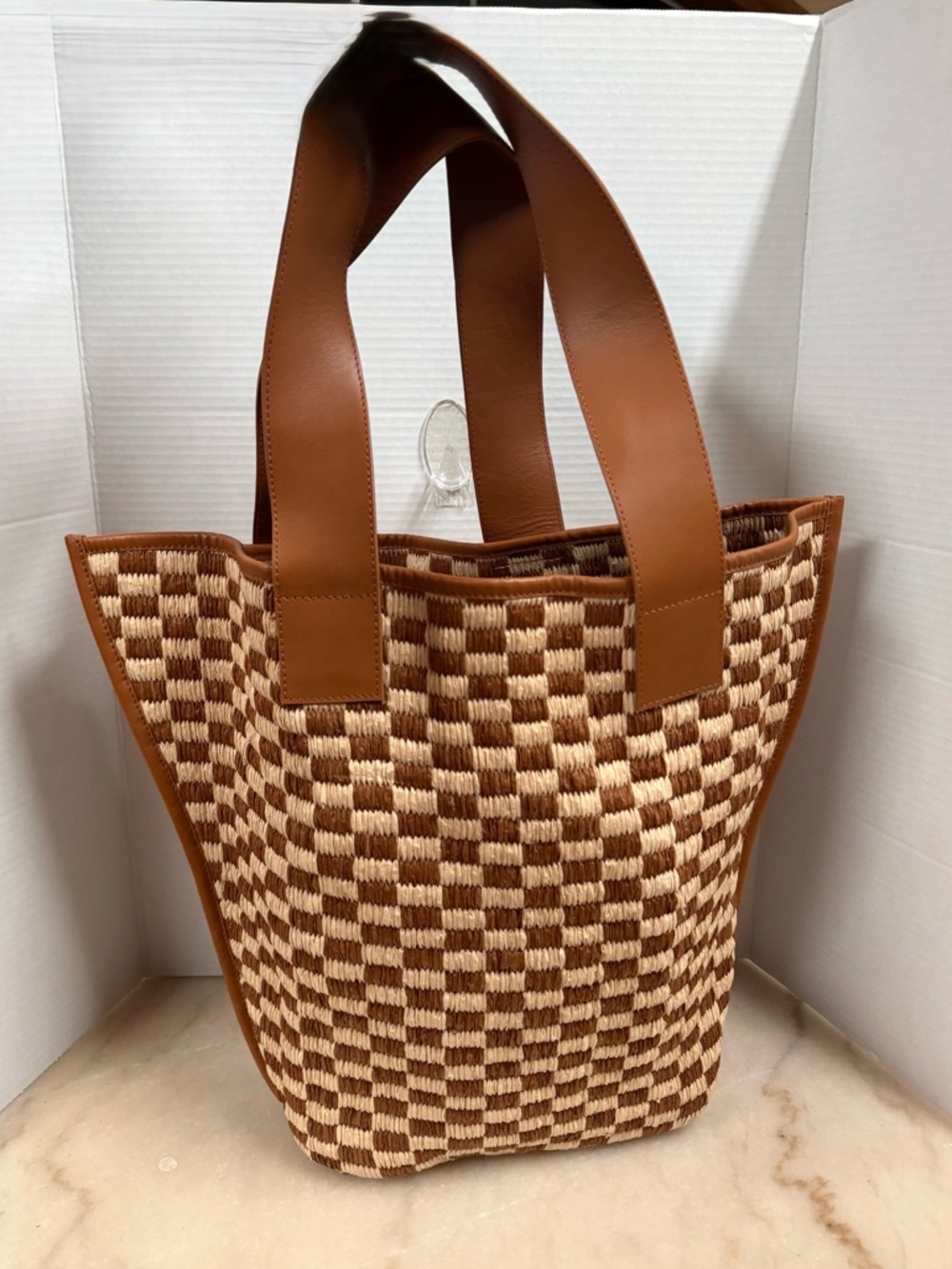 Anthropologie Brown and Cream Woven Check Tote - Picture 2 of 5
